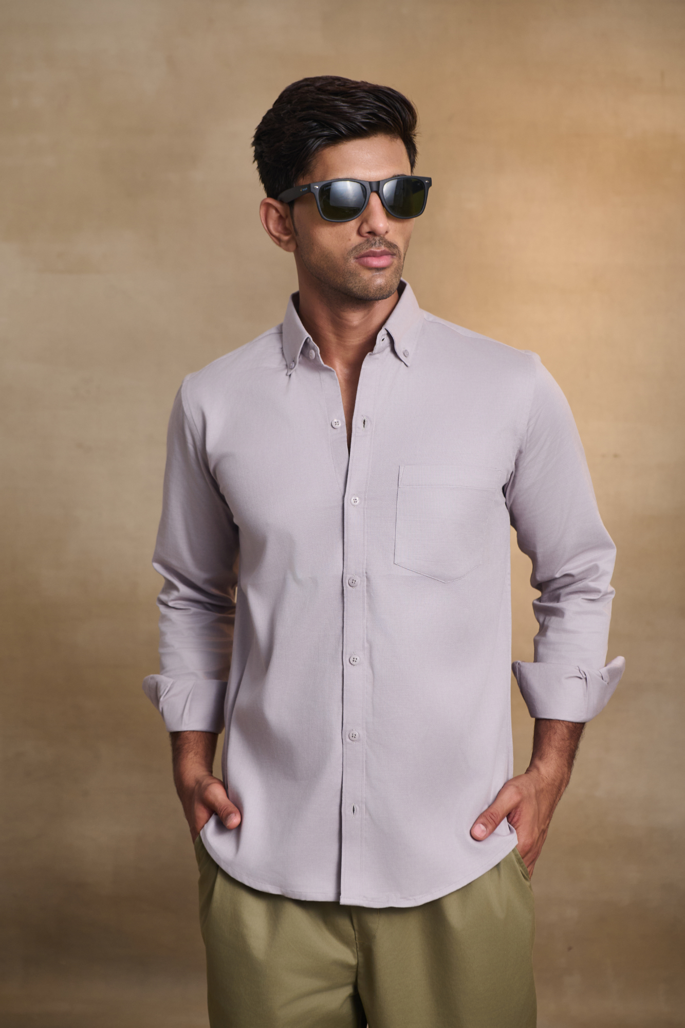 Premium dobby Lycra Button Down Shirt - Grey