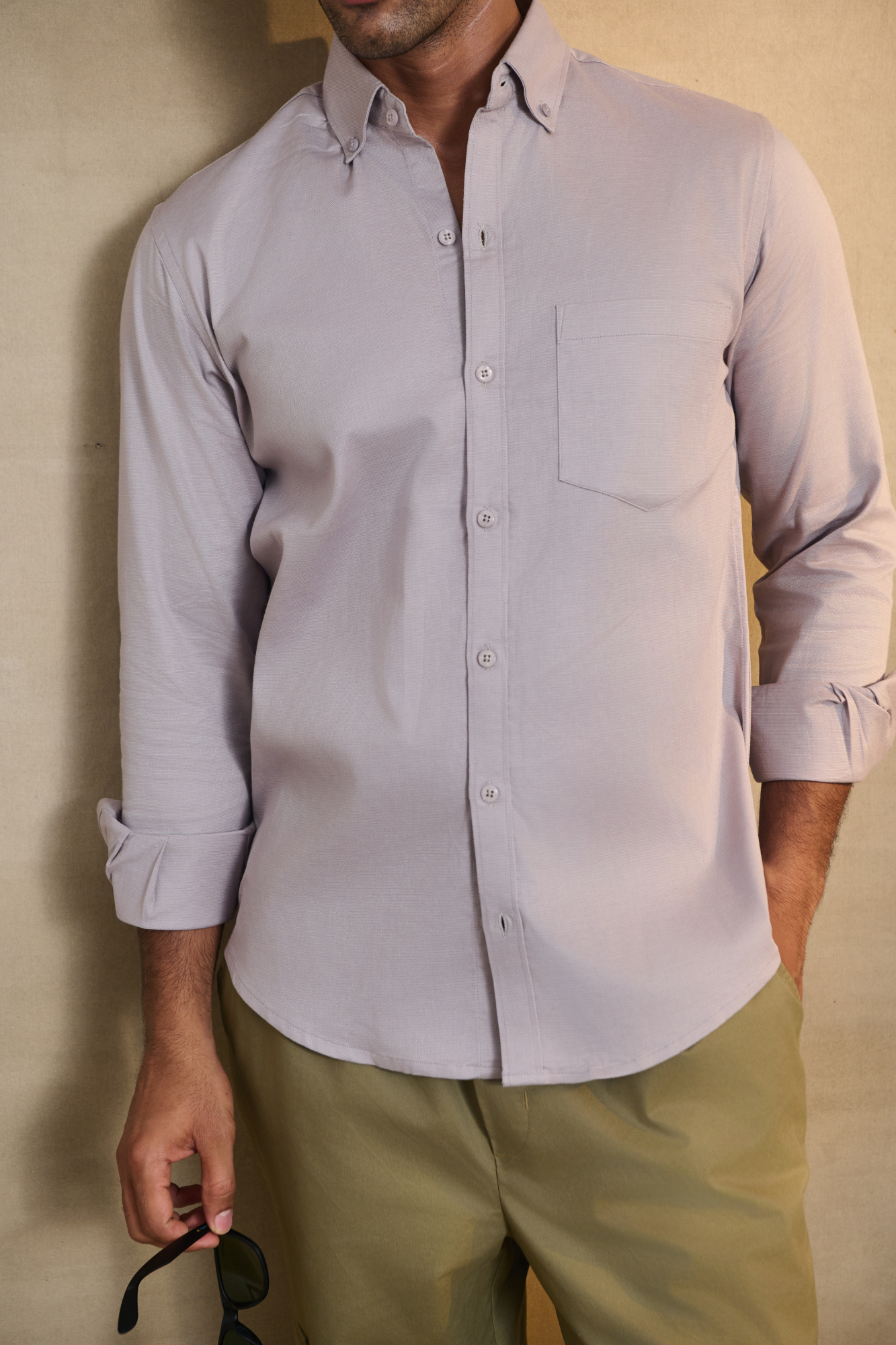 Premium dobby Lycra Button Down Shirt - Grey