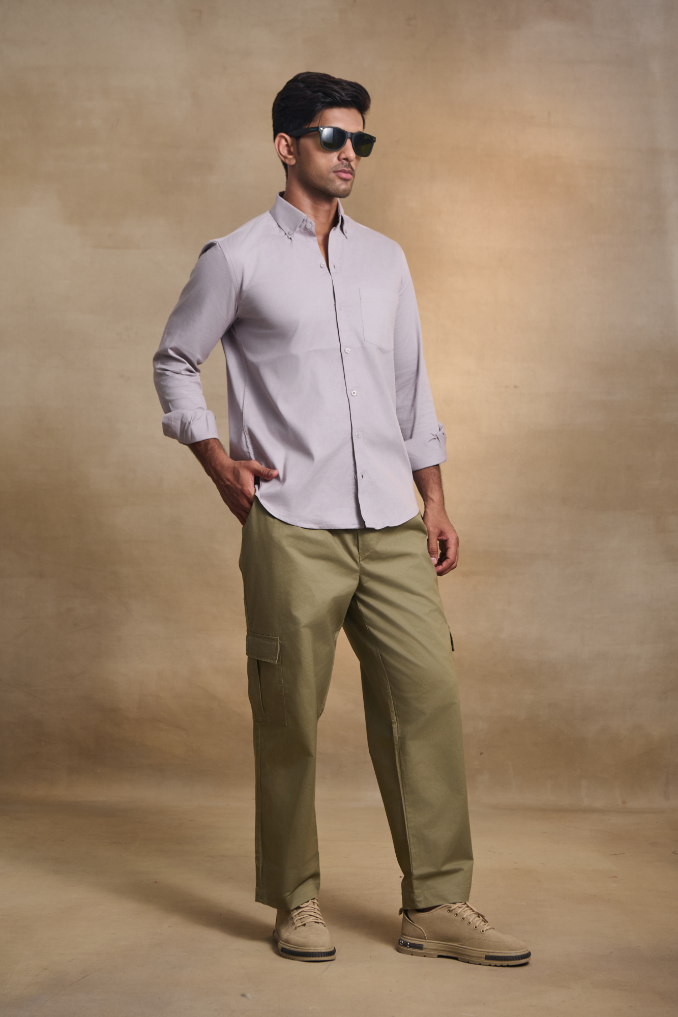 Premium dobby Lycra Button Down Shirt - Grey