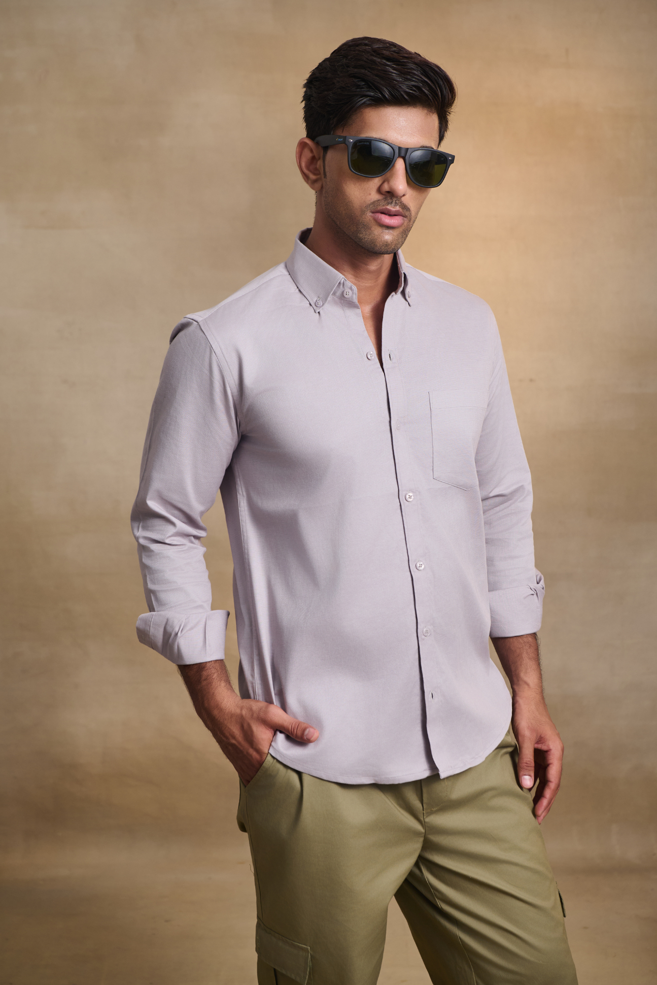 Premium dobby Lycra Button Down Shirt - Grey