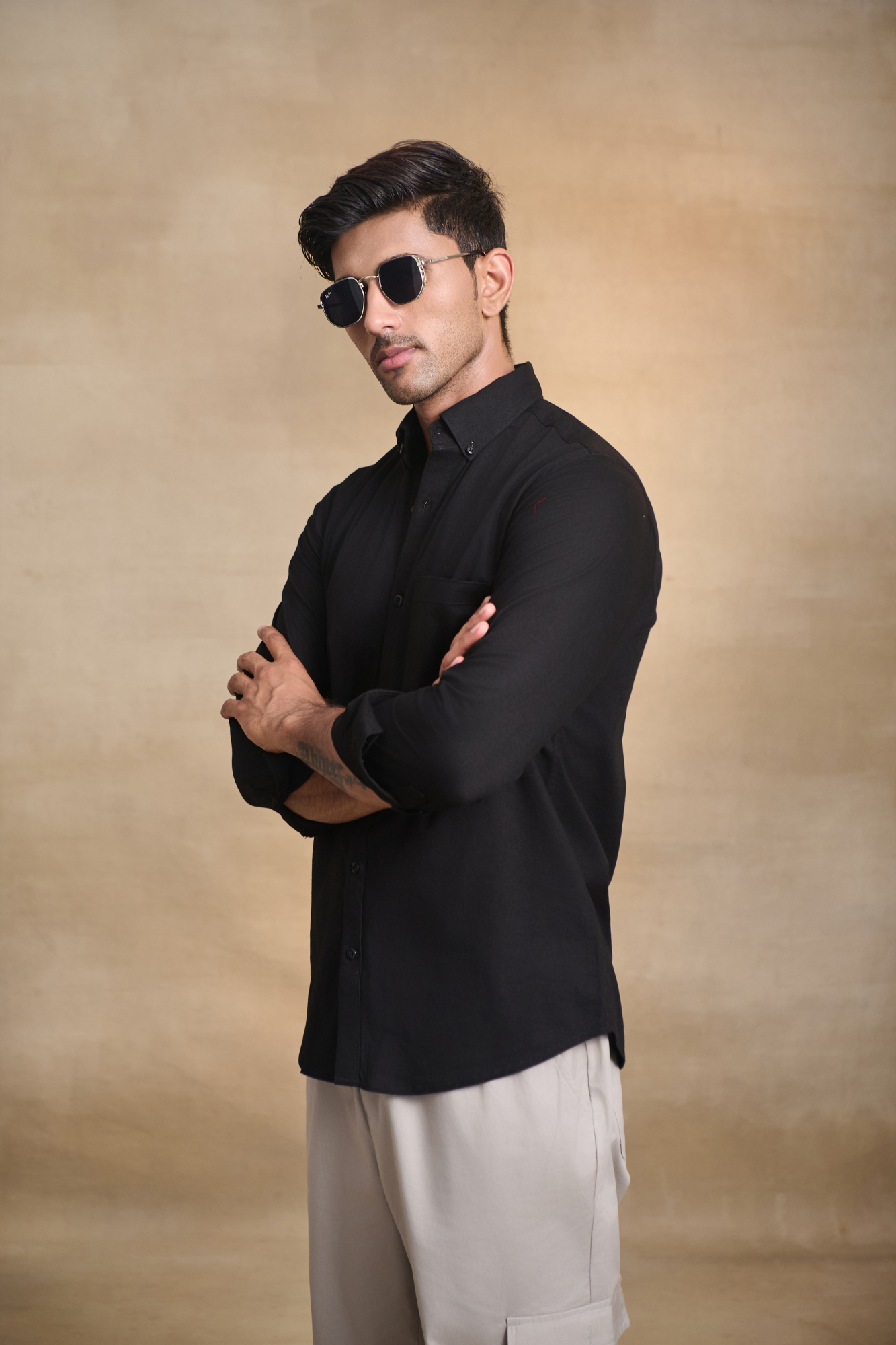 Premium dobby Lycra Button Down Shirt - Black