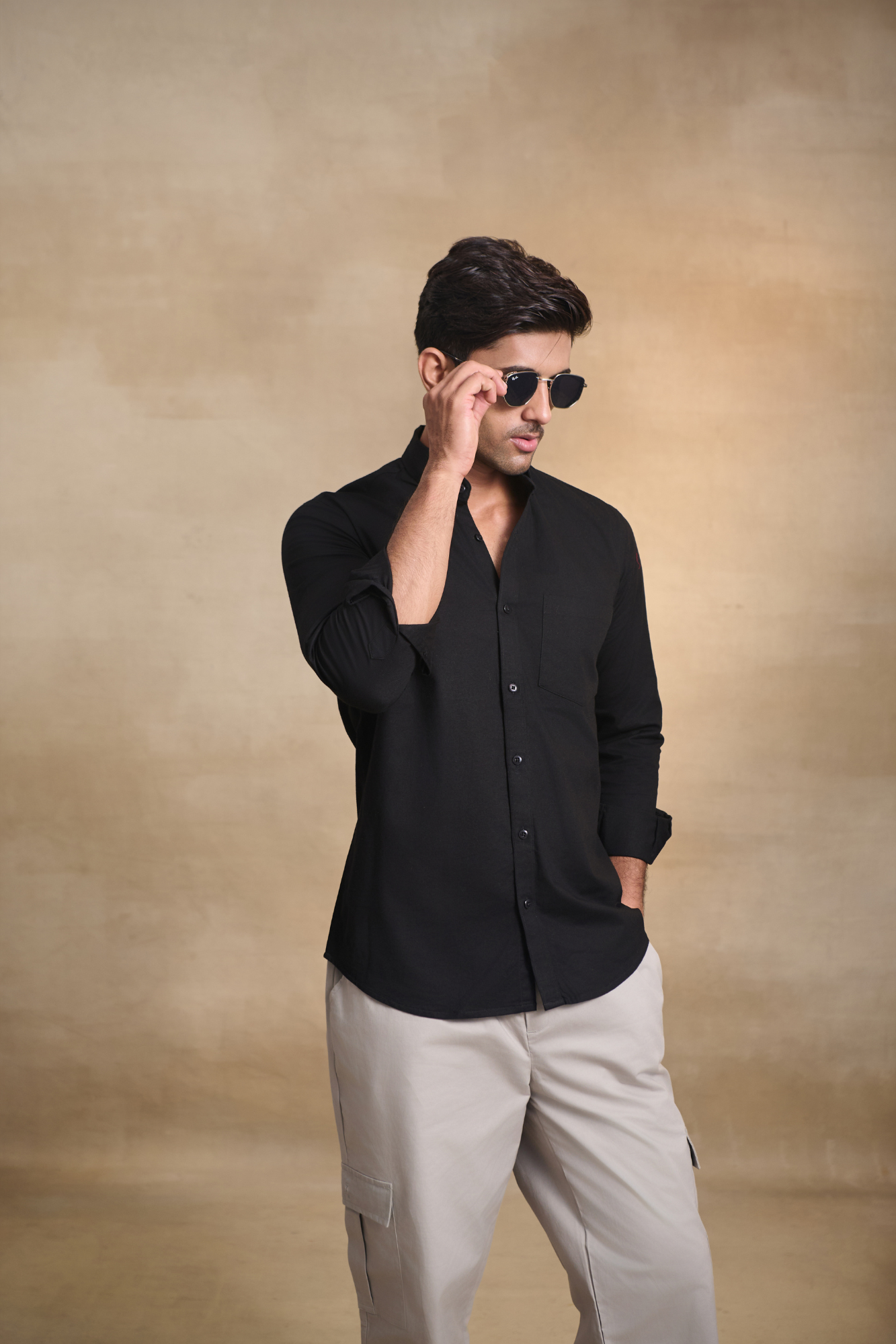 Premium dobby Lycra Button Down Shirt - Black