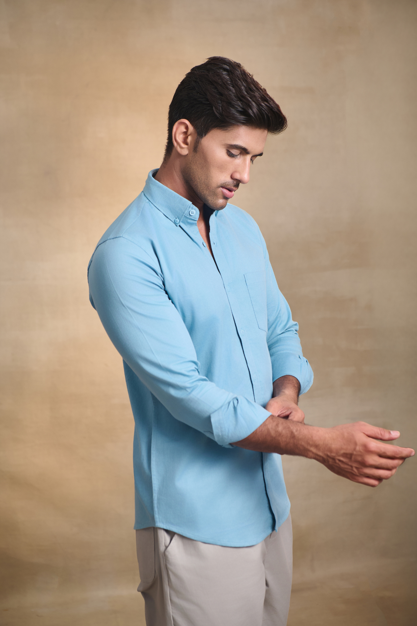 Premium dobby Lycra Button Down Shirt - Light  Blue