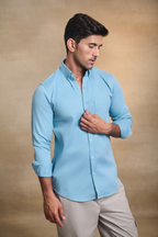 Premium dobby Lycra Button Down Shirt - Light  Blue