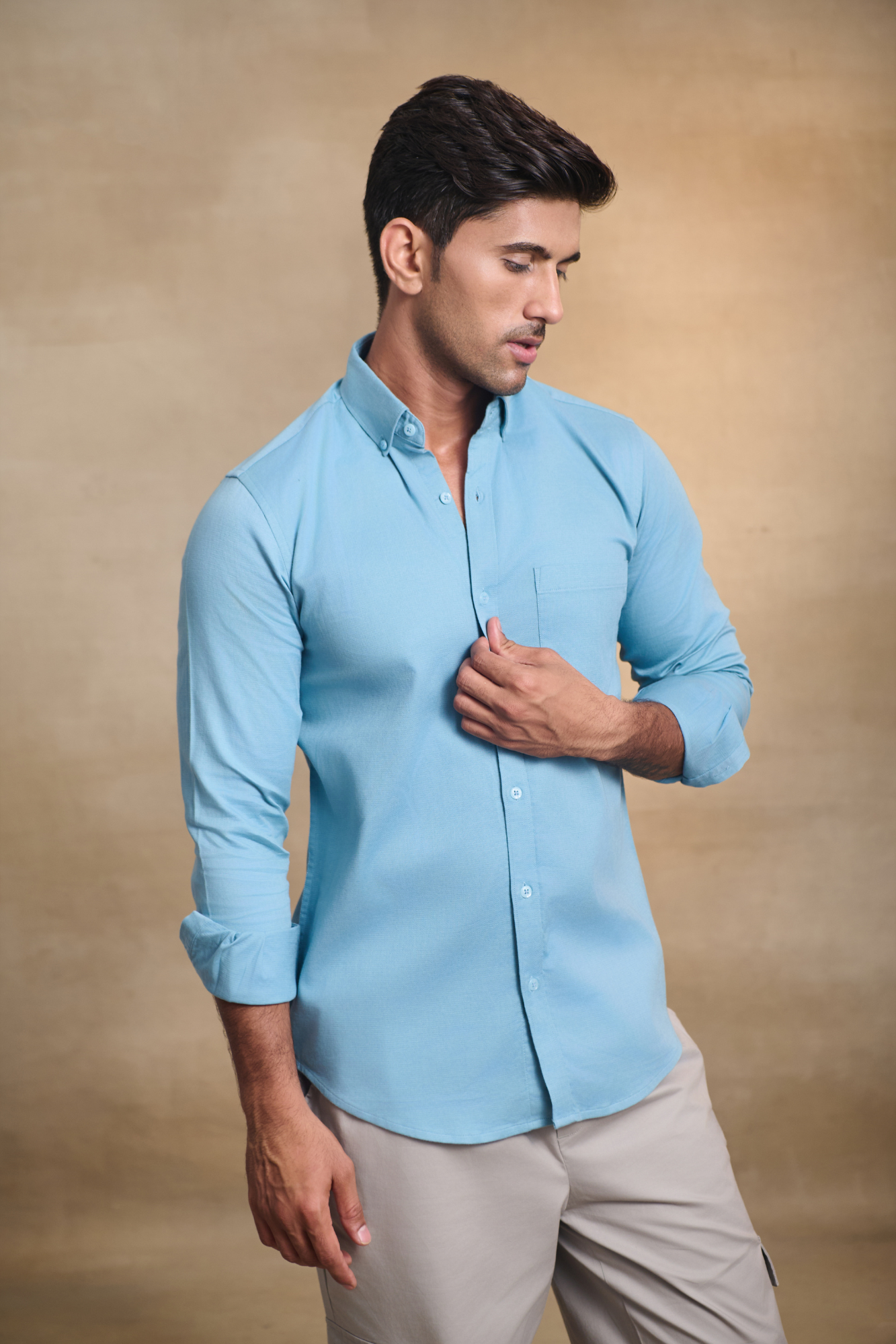 Premium dobby Lycra Button Down Shirt - Light  Blue