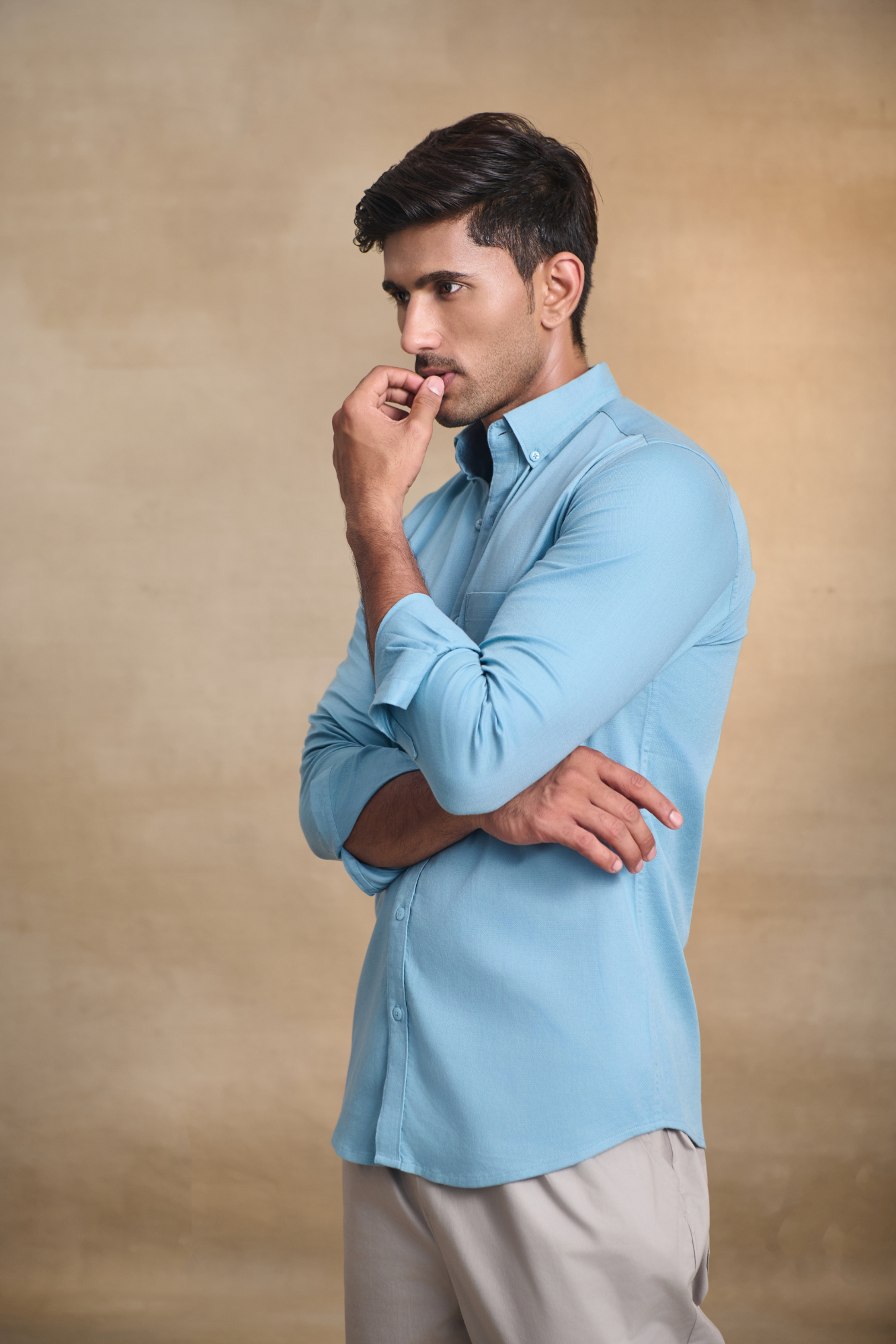 Premium dobby Lycra Button Down Shirt - Light  Blue