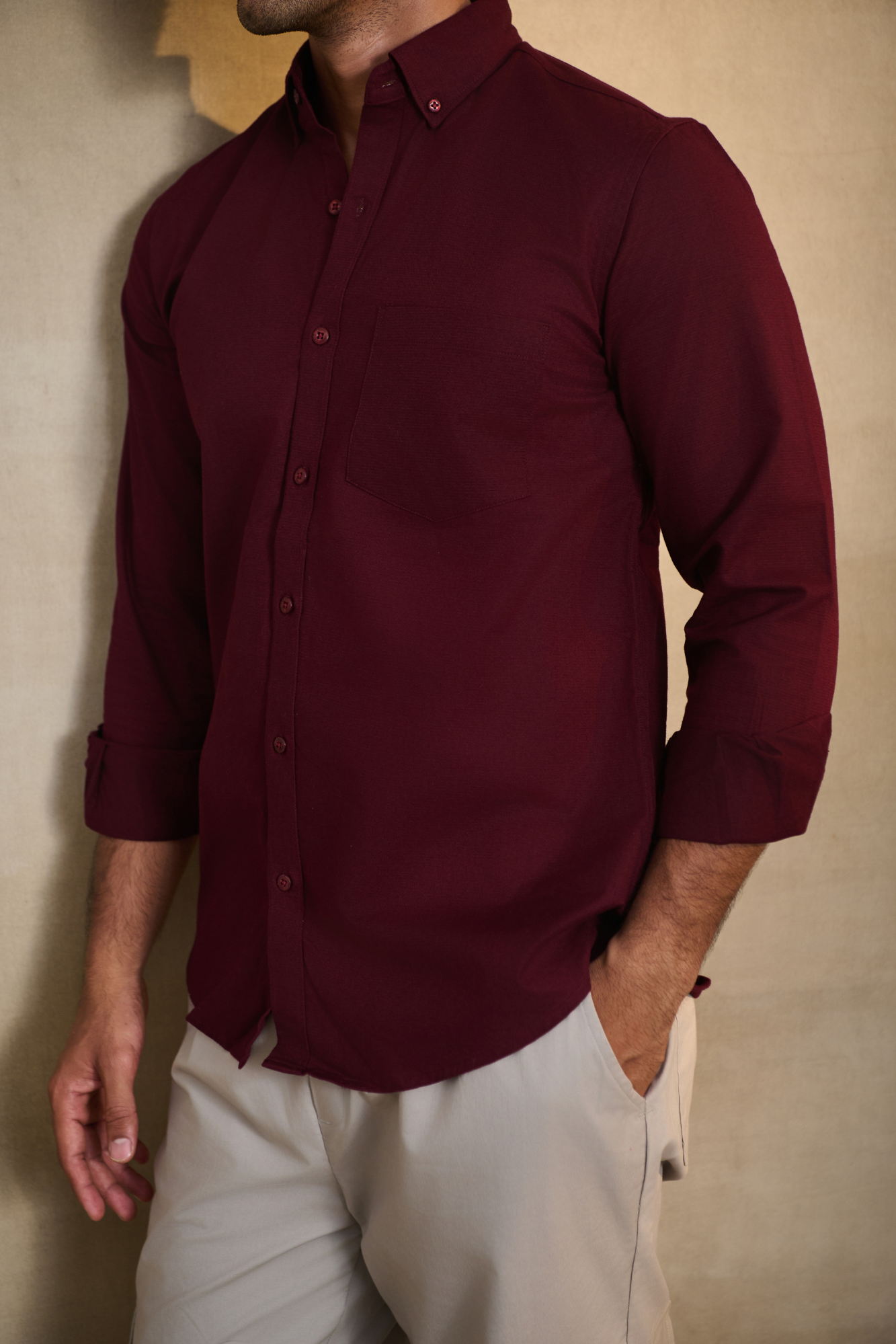Premium dobby Lycra Button Down Shirt - Maroon