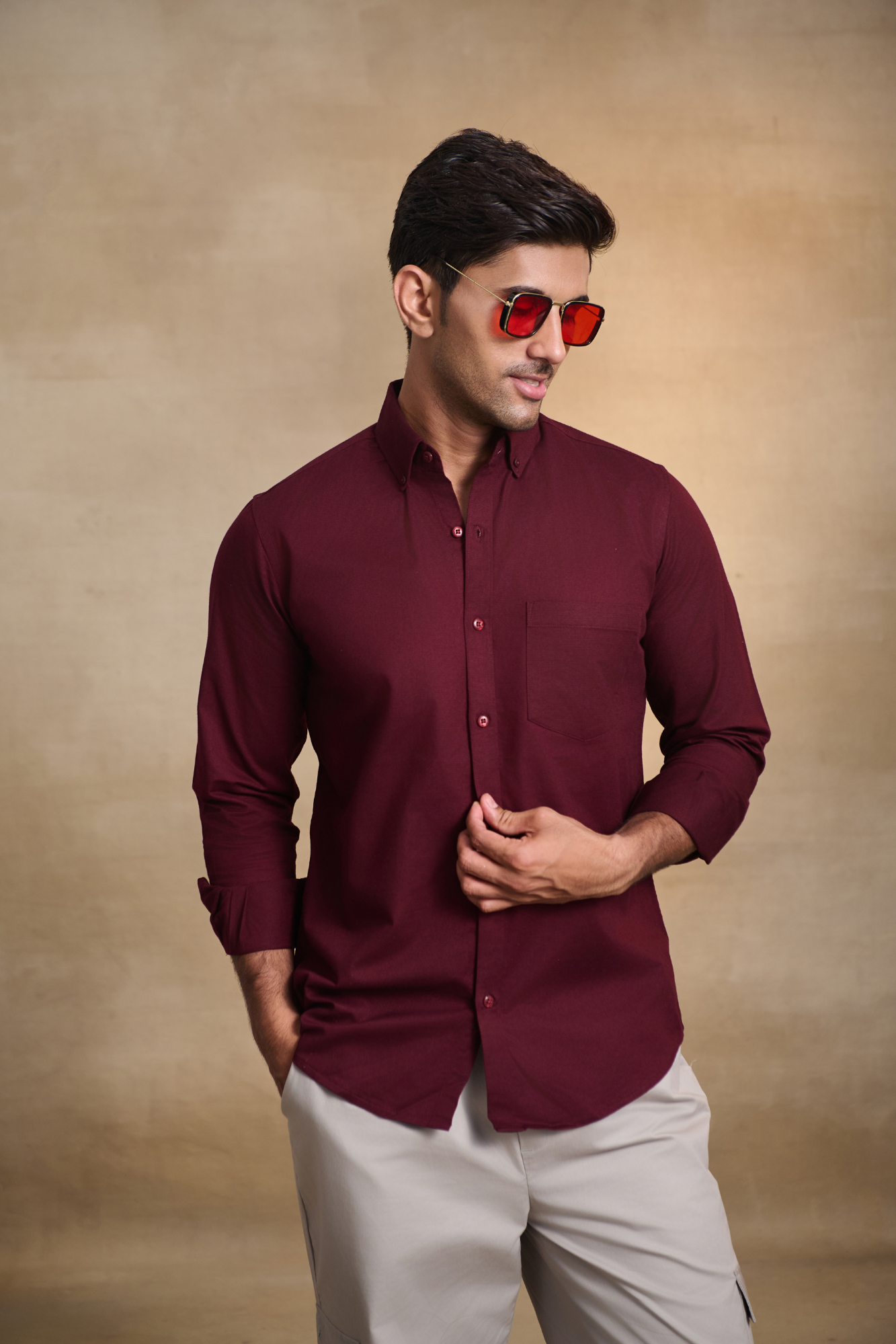 Premium dobby Lycra Button Down Shirt - Maroon