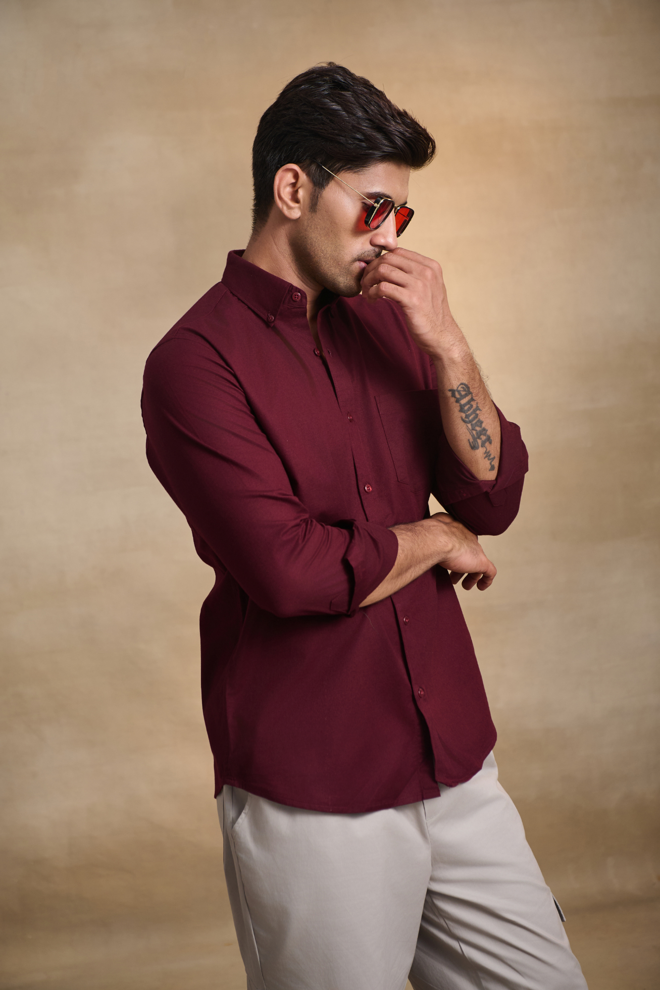 Premium dobby Lycra Button Down Shirt - Maroon