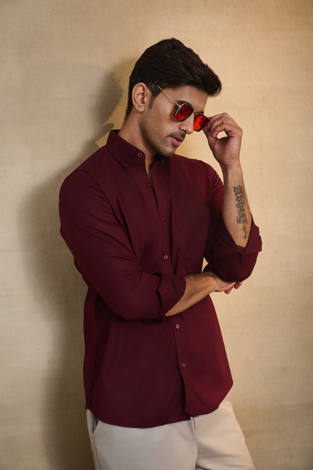Premium dobby Lycra Button Down Shirt - Maroon