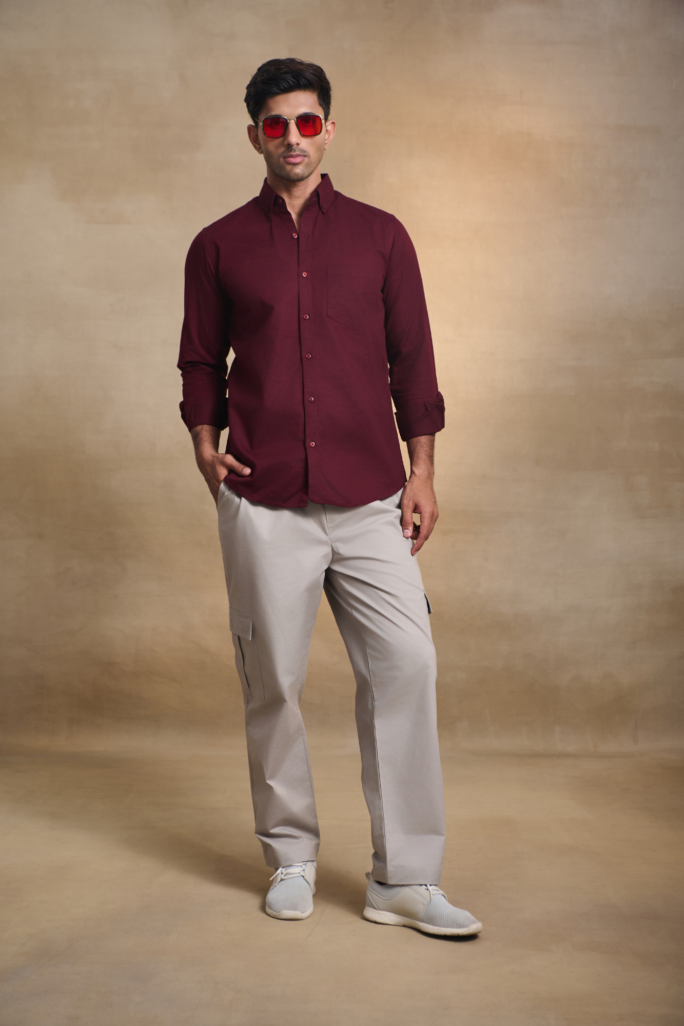 Premium dobby Lycra Button Down Shirt - Maroon