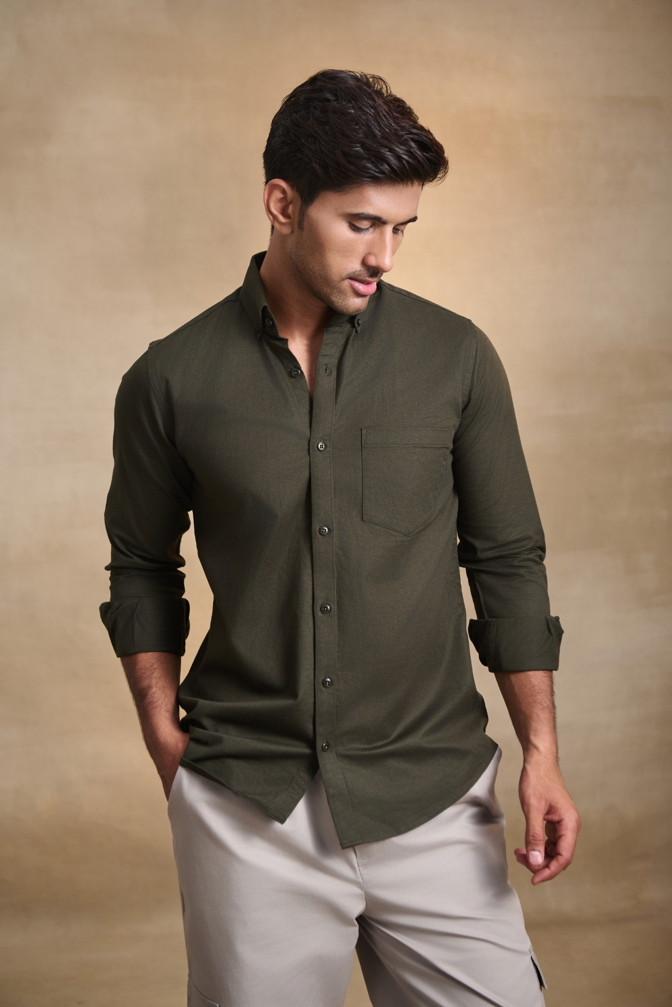 Premium dobby Lycra Button Down Shirt - Mehandi Green