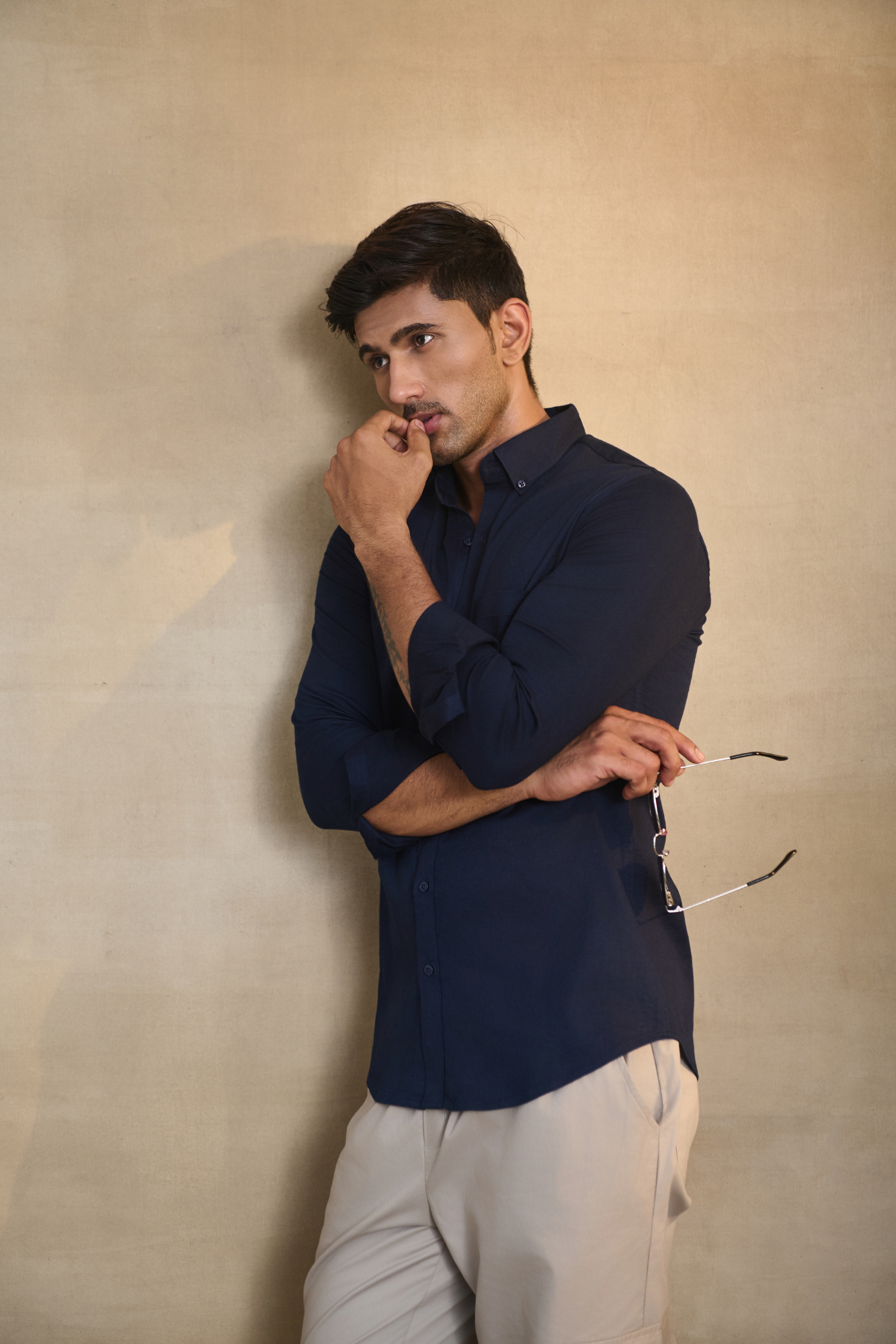 Premium dobby Lycra Button Down Shirt - Navy Blue
