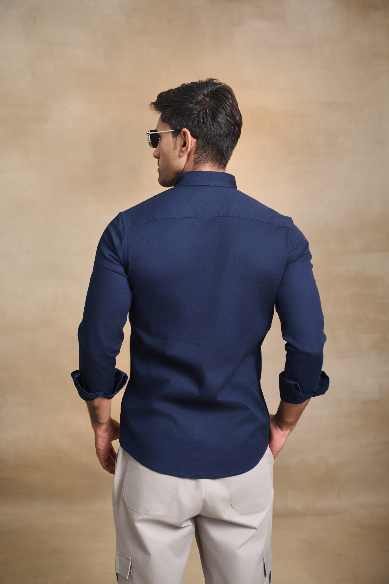 Premium dobby Lycra Button Down Shirt - Navy Blue