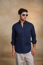 Premium dobby Lycra Button Down Shirt - Navy Blue