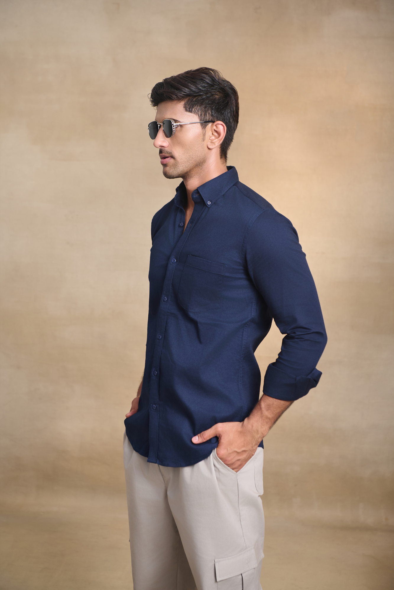 Premium dobby Lycra Button Down Shirt - Navy Blue