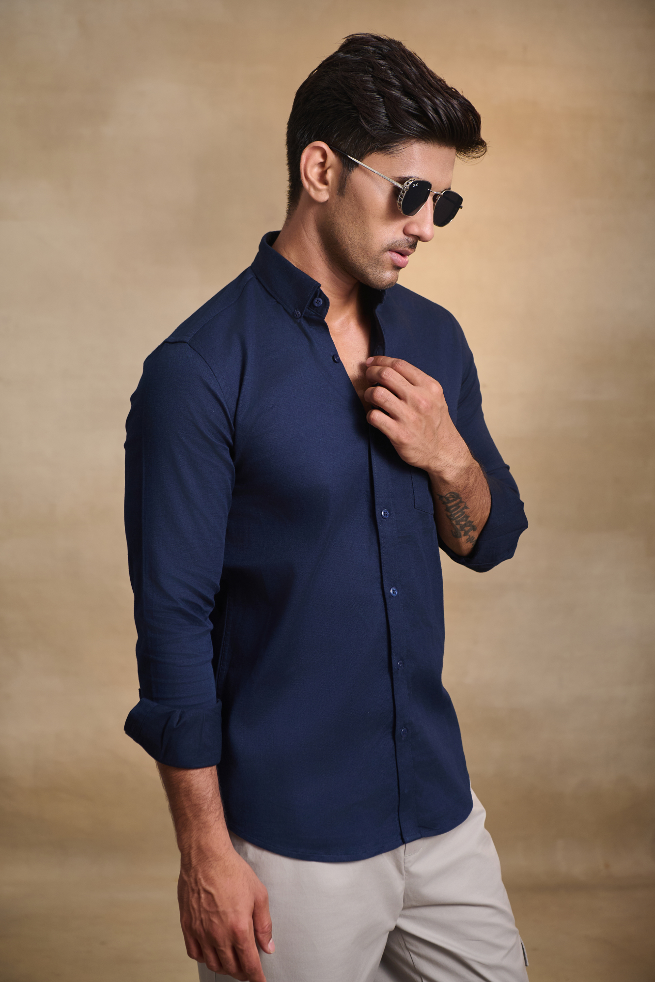 Premium dobby Lycra Button Down Shirt - Navy Blue