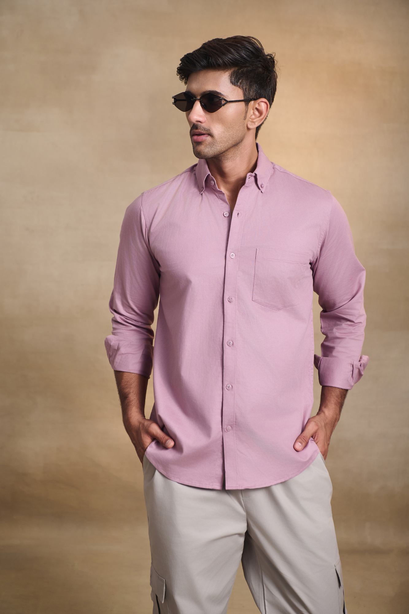 Premium dobby Lycra Button Down Shirt - Pink
