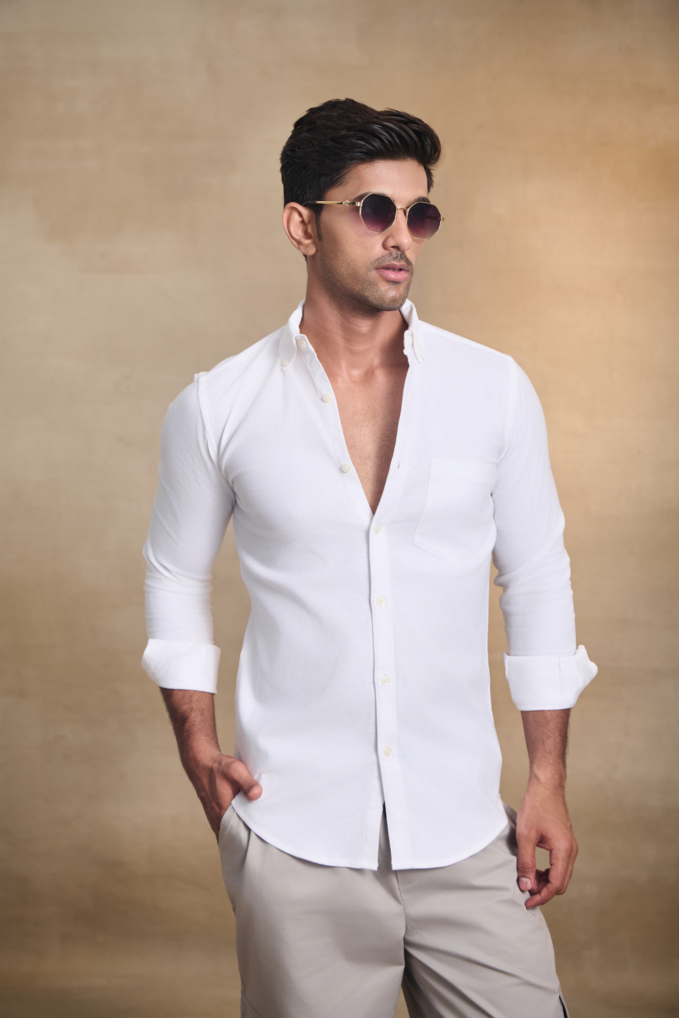 Premium dobby Lycra Button Down Shirt - White
