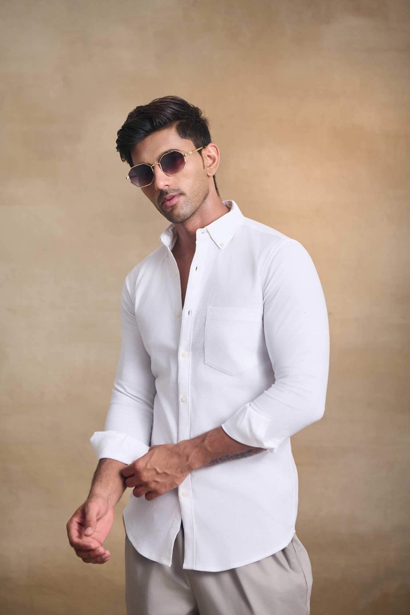 Premium dobby Lycra Button Down Shirt - White