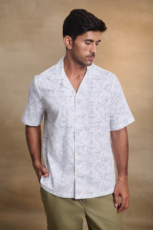 Half Sleeves Printed Cuban Collar Oversize Shirt - White