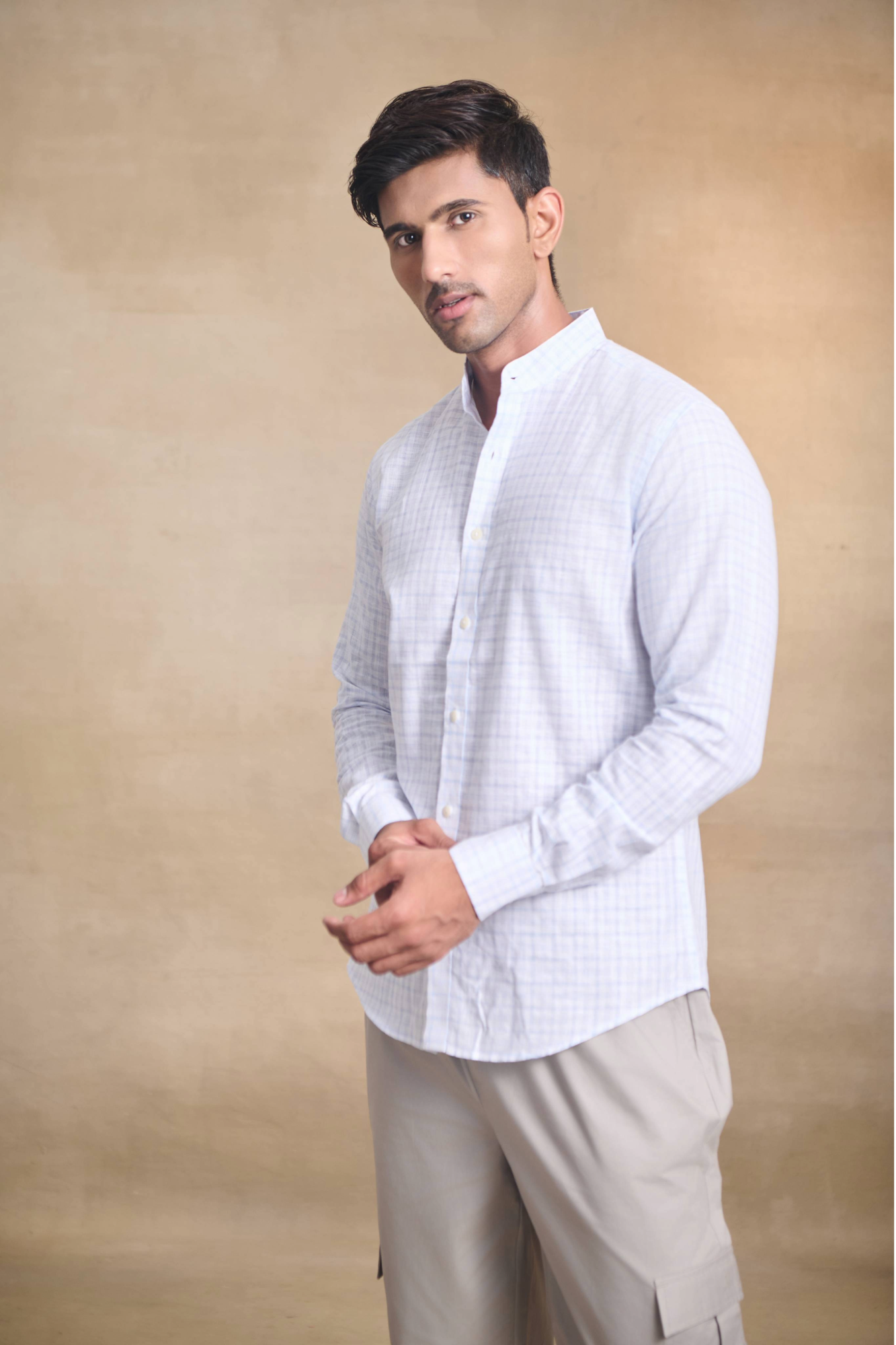 Light Check Linen Blend Chines Collar Full Sleeves Shirt - Blue