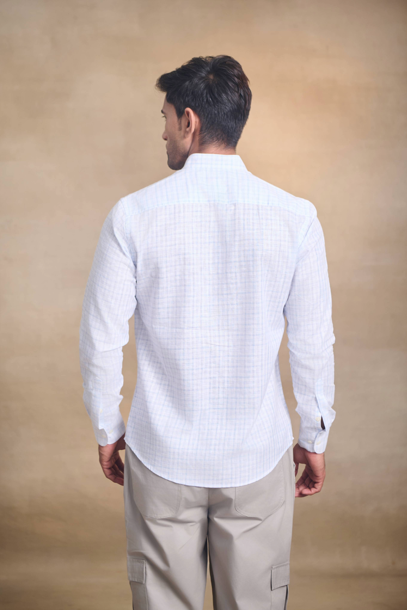 Light Check Linen Blend Chines Collar Full Sleeves Shirt - Blue