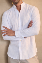 Light Check Linen Blend Chines Collar Full Sleeves Shirt - Blue