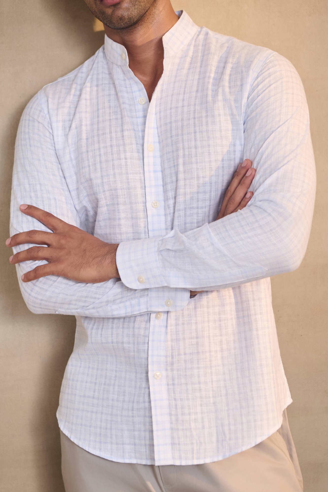 Light Check Linen Blend Chines Collar Full Sleeves Shirt - Blue