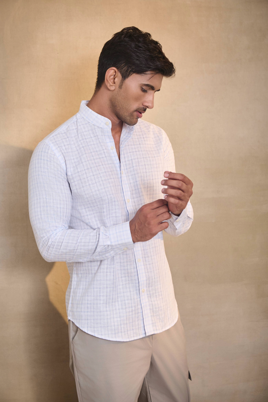 Light Check Linen Blend Chines Collar Full Sleeves Shirt - Blue