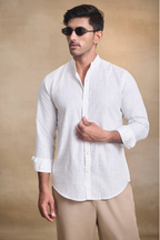 Light Check Linen Blend Chines Collar Full Sleeves Shirt - Brown