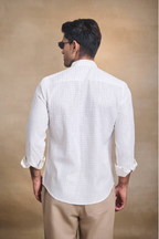 Light Check Linen Blend Chines Collar Full Sleeves Shirt - Brown