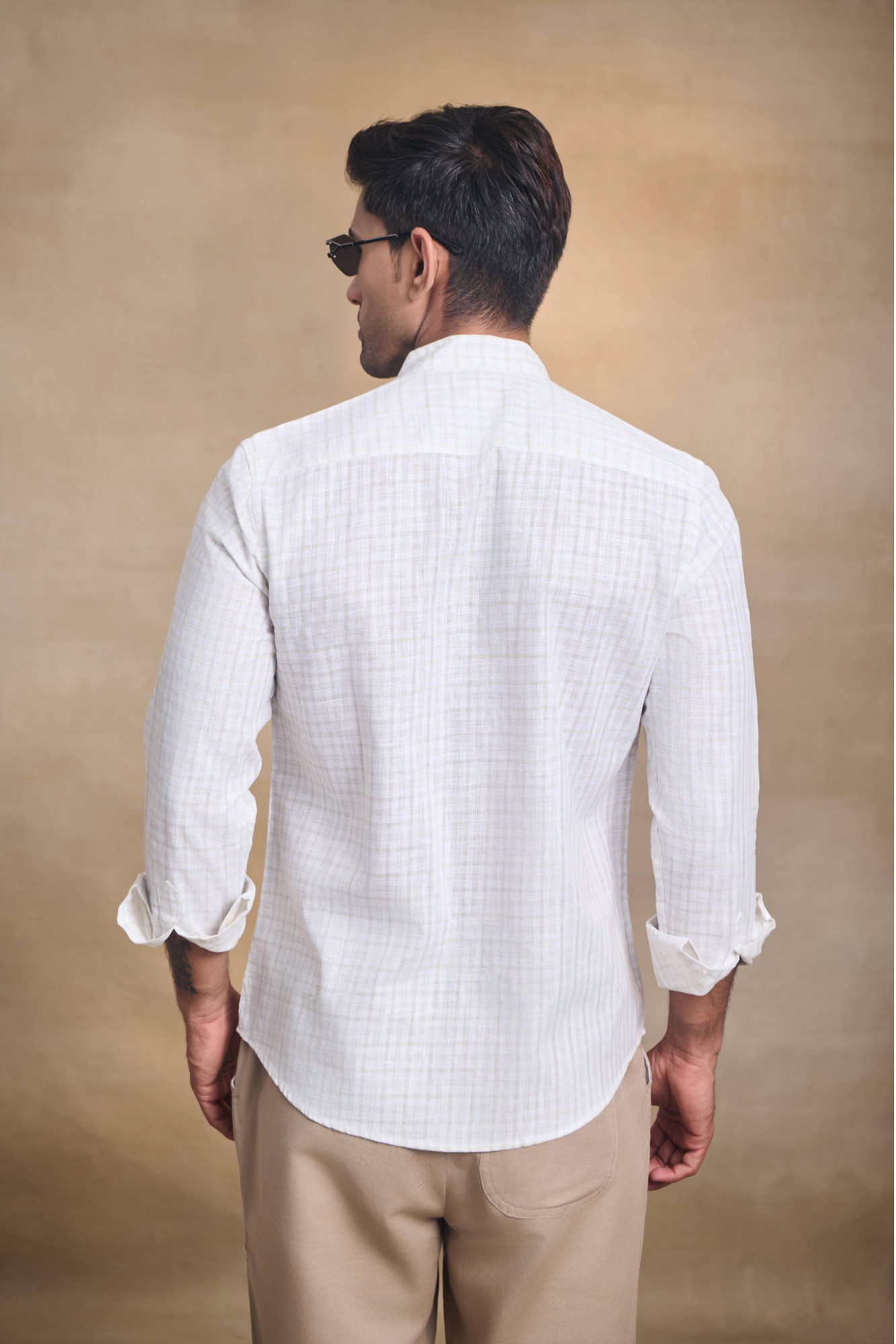 Light Check Linen Blend Chines Collar Full Sleeves Shirt - Brown