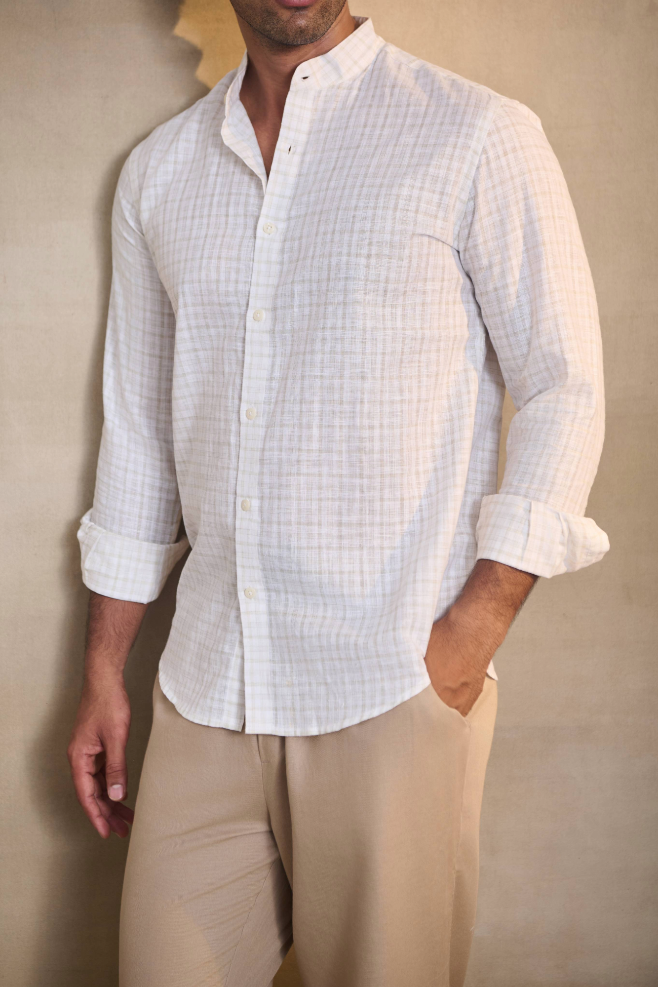 Light Check Linen Blend Chines Collar Full Sleeves Shirt - Brown