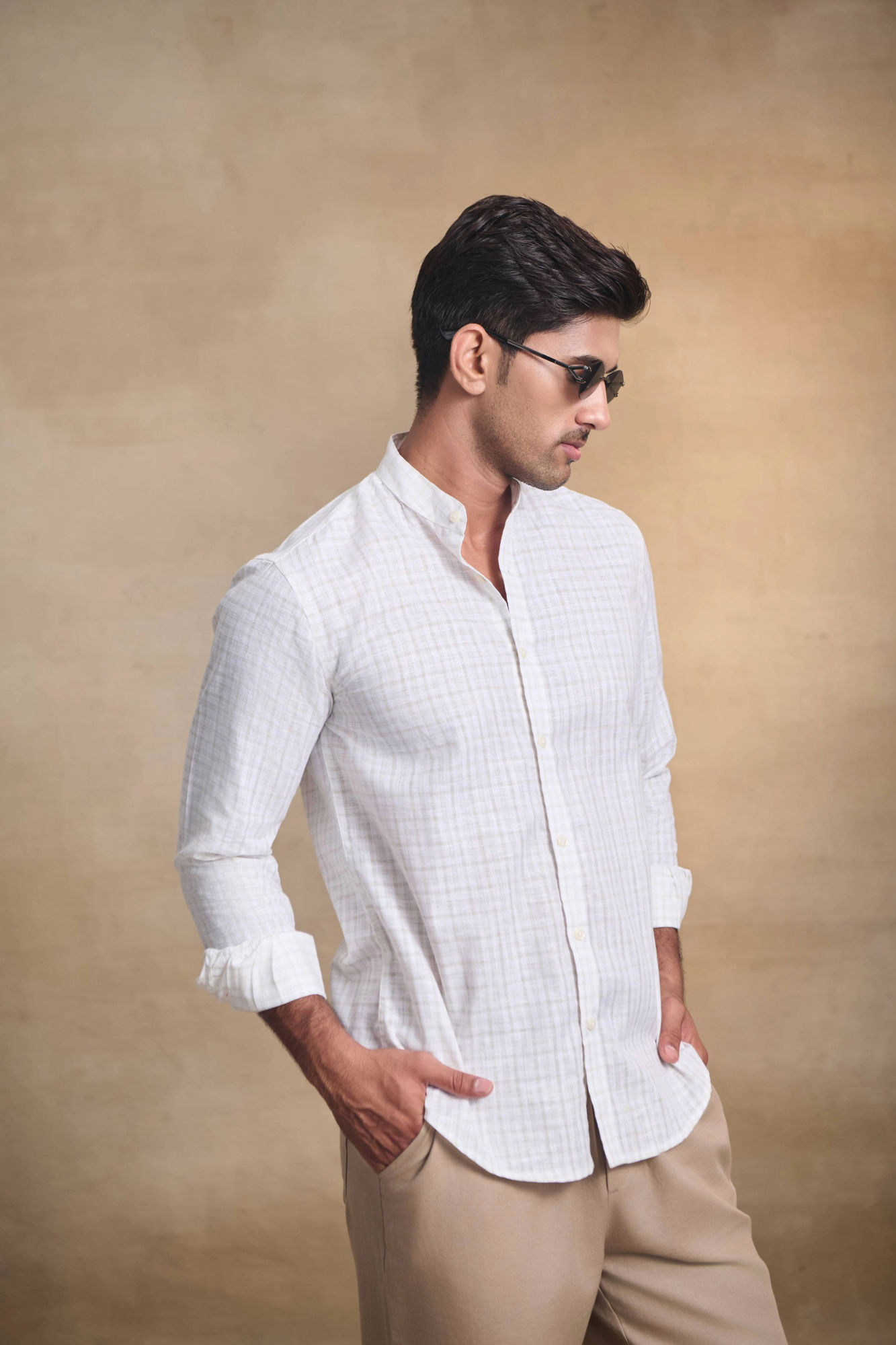 Light Check Linen Blend Chines Collar Full Sleeves Shirt - Brown