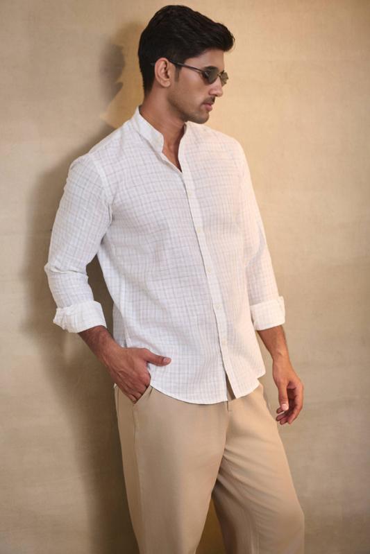 Light Check Linen Blend Chines Collar Full Sleeves Shirt - Brown