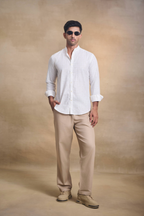 Light Check Linen Blend Chines Collar Full Sleeves Shirt - Brown