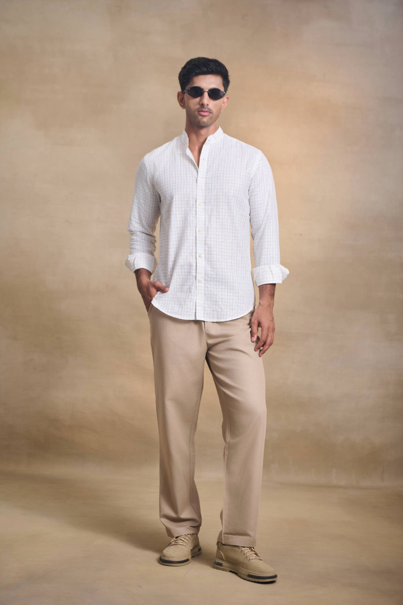 Light Check Linen Blend Chines Collar Full Sleeves Shirt - Brown