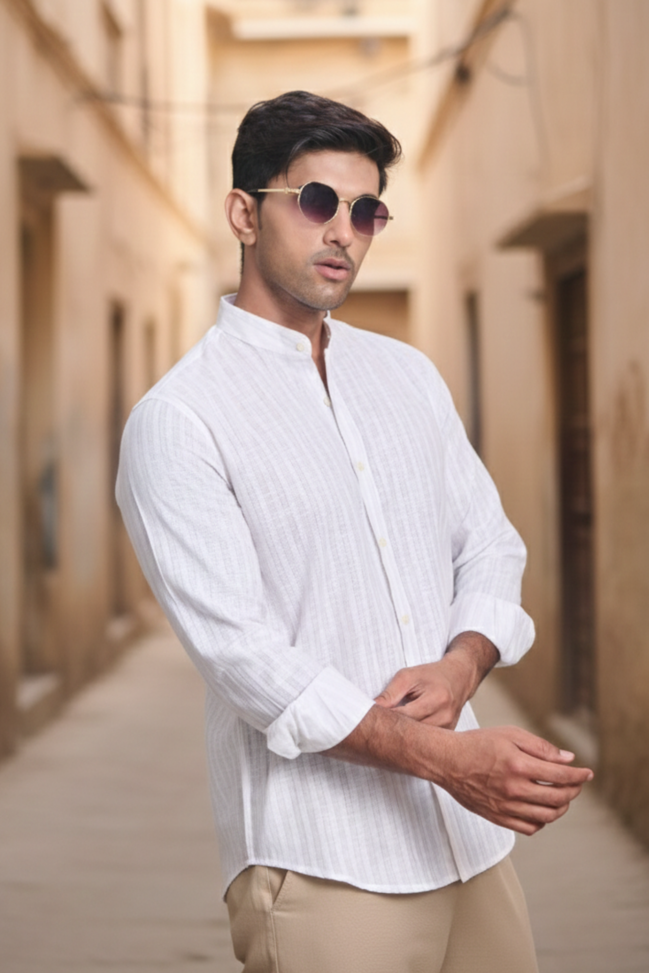 Light Stripe Linen Blend Chines Collar Full Sleeves Shirt - Brown