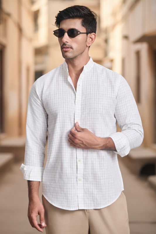 Light Check Linen Blend Chines Collar Full Sleeves Shirt - Brown