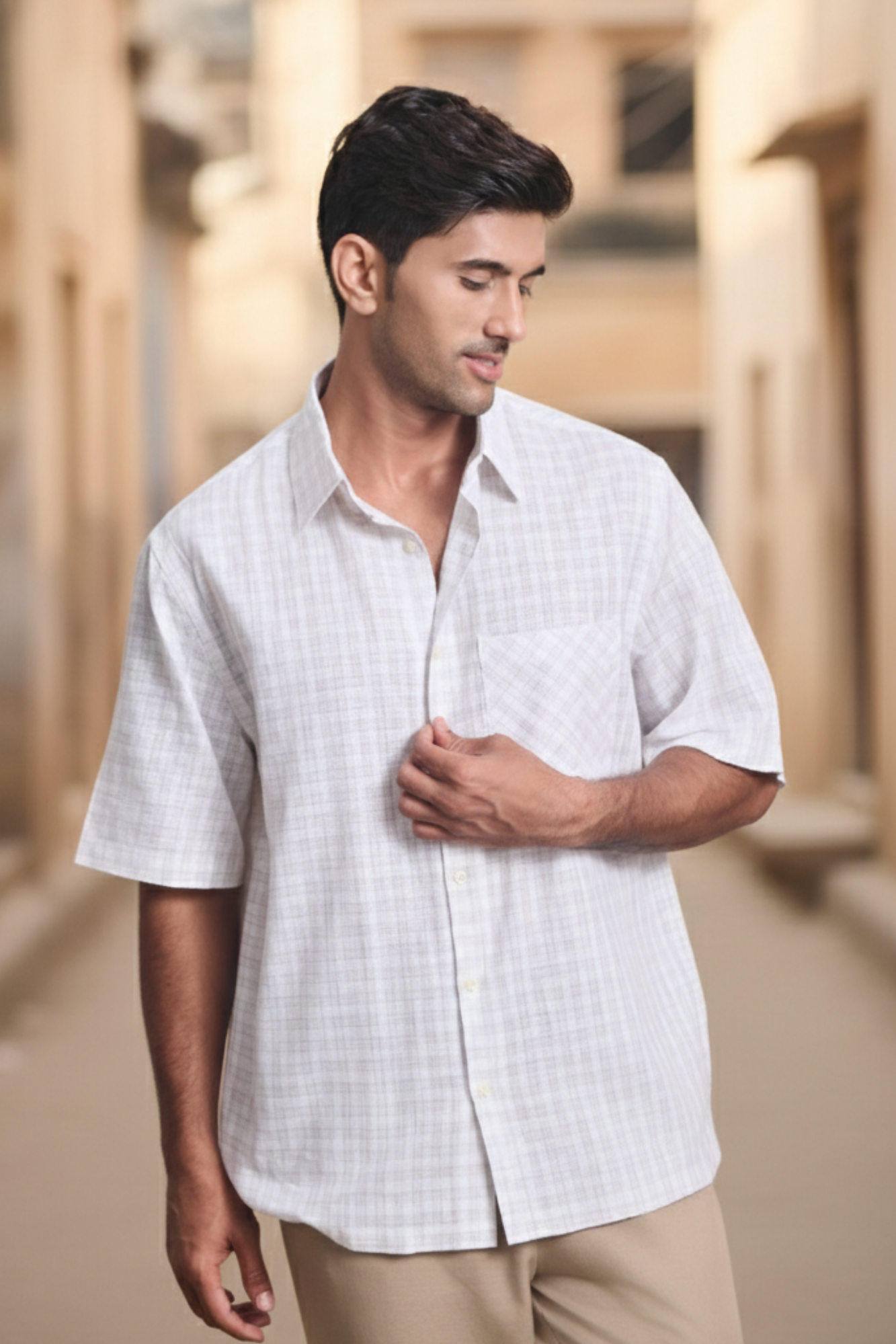 Cotton Linen Blend Half Sleeves Oversize Shirt - Brown