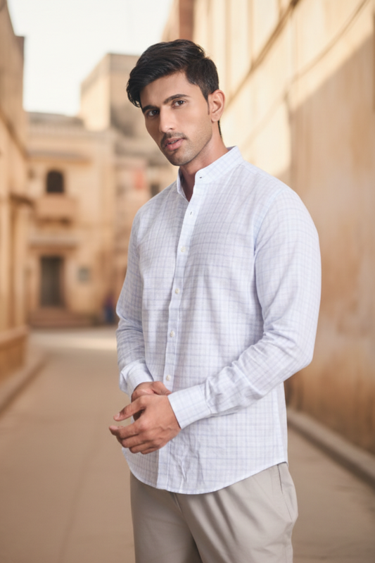 Light Check Linen Blend Chines Collar Full Sleeves Shirt - Blue