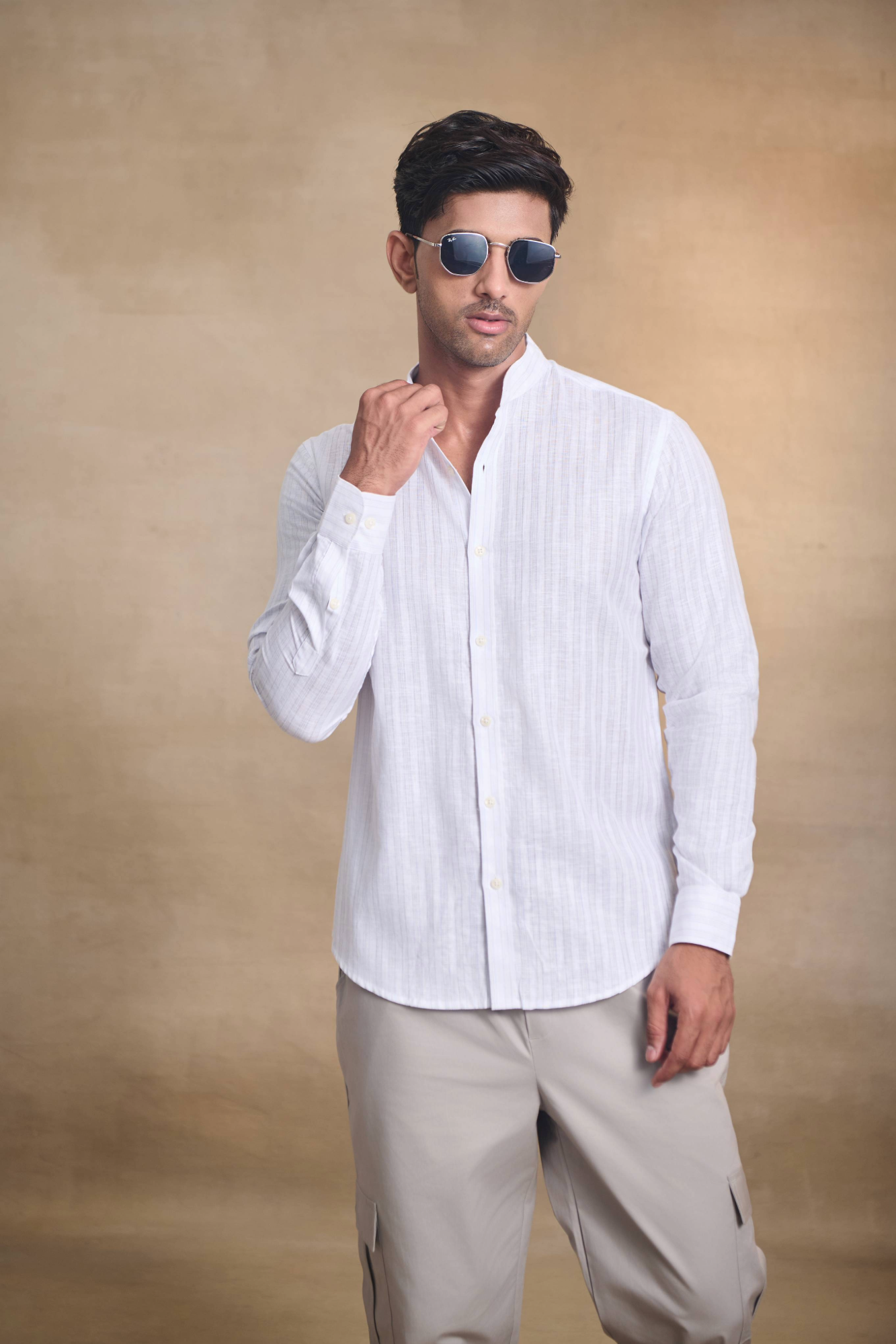Light Stripe Linen Blend Chines Collar Full Sleeves Shirt - Blue
