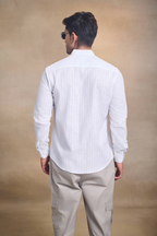 Light Stripe Linen Blend Chines Collar Full Sleeves Shirt - Blue