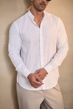 Light Stripe Linen Blend Chines Collar Full Sleeves Shirt - Blue