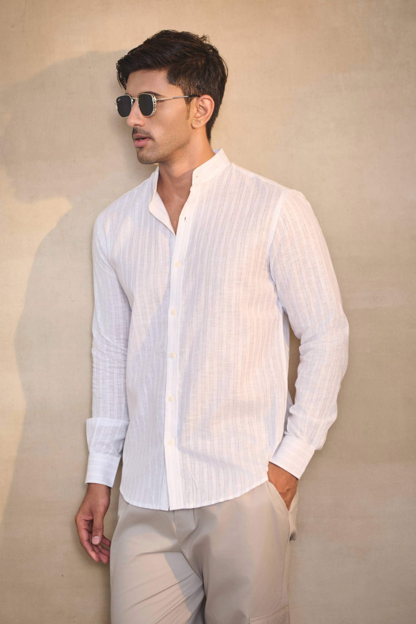 Light Stripe Linen Blend Chines Collar Full Sleeves Shirt - Blue