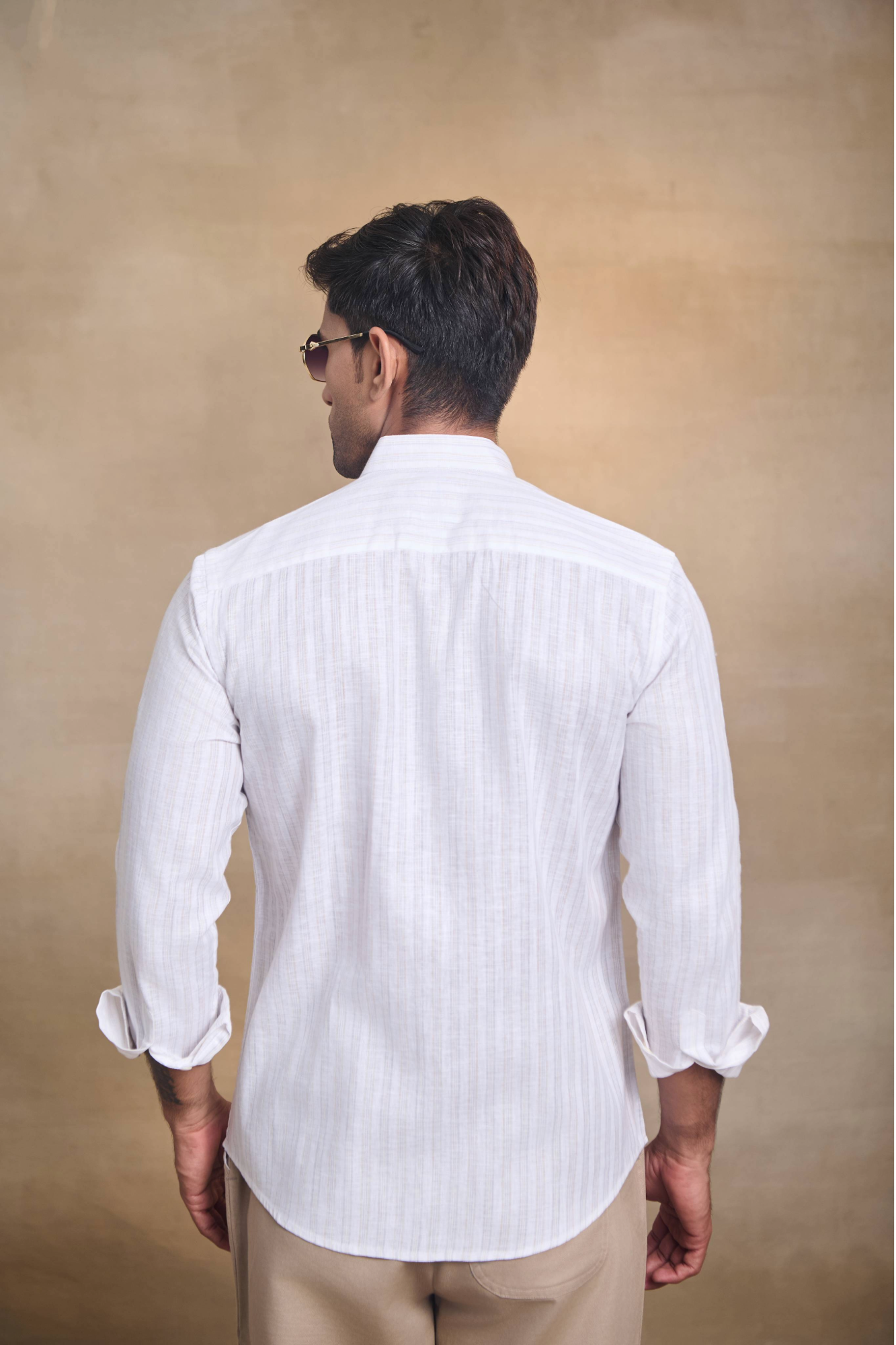 Light Stripe Linen Blend Chines Collar Full Sleeves Shirt - Brown