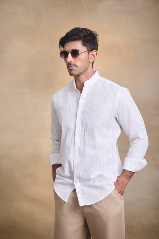 Light Stripe Linen Blend Chines Collar Full Sleeves Shirt - Brown