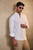Light Stripe Linen Blend Chines Collar Full Sleeves Shirt - Brown