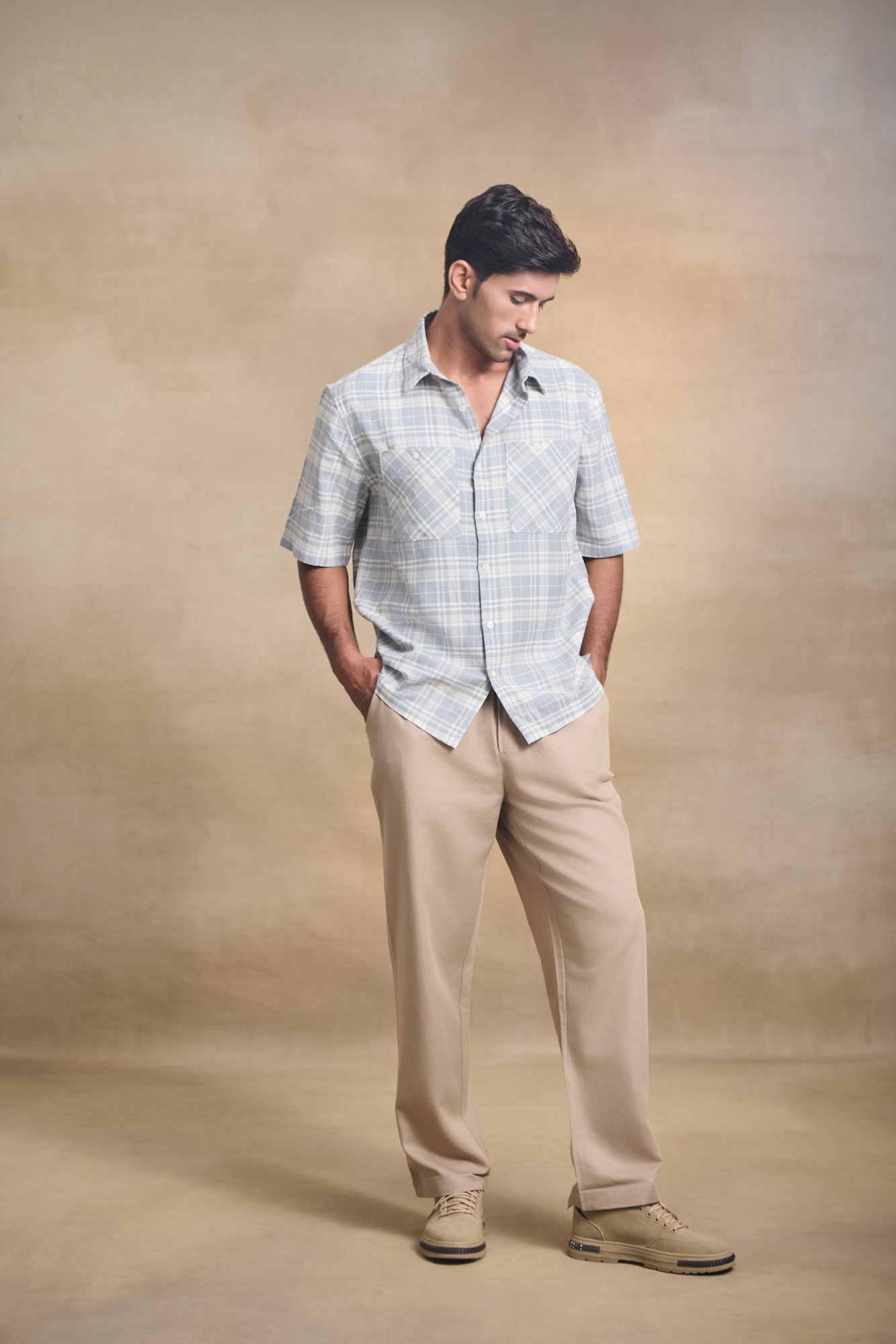 Cotton Linen Blend Half Sleeves Oversize Shirt - Blue
